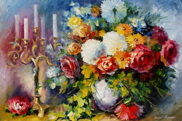 Malerische Kunst von Blumen und Kerzenständer
