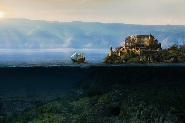 Barco solitario en una isla cerca del castillo