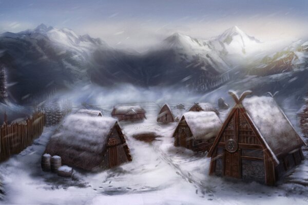 Settlement in the mountains. The time of the year is winter