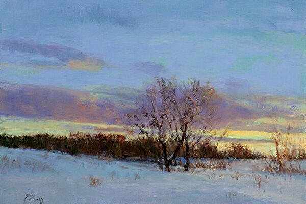 Зимний пейзаж с деревом на фоне мрачного неба
