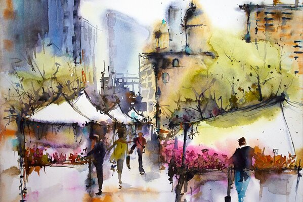 Painted spring city in watercolor