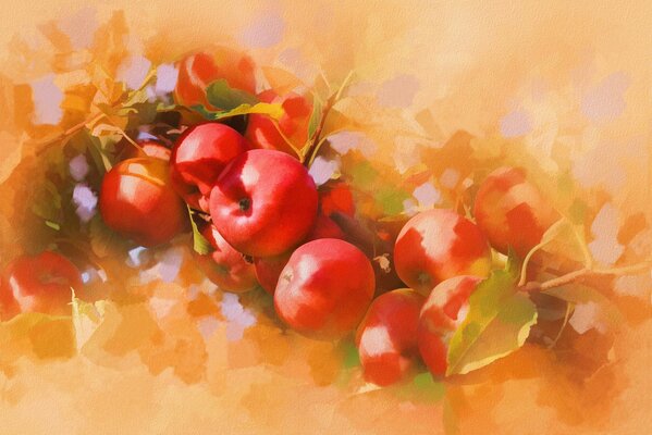 Manzanas rojas con hojas sobre un fondo naranja