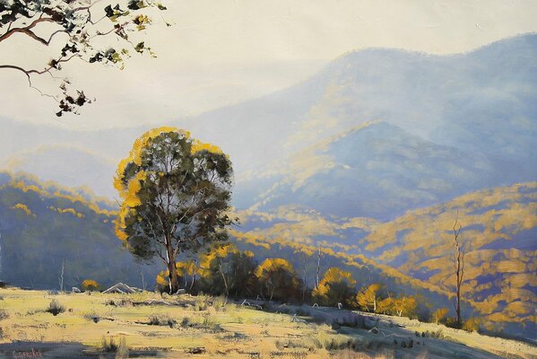 Disegno di verdi colline e montagne con un gioco di luce