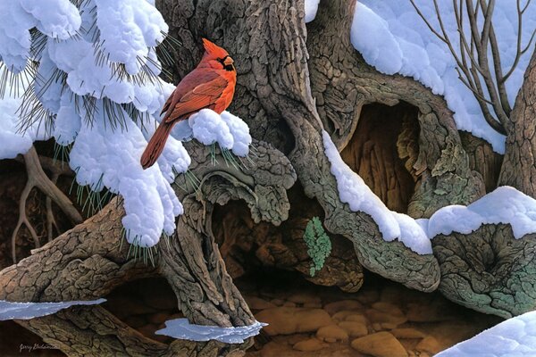 Trees snow paws bullfinch painting