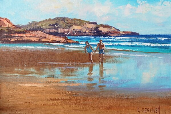 Immagine con un ragazzo e una ragazza che camminano lungo la riva del mare