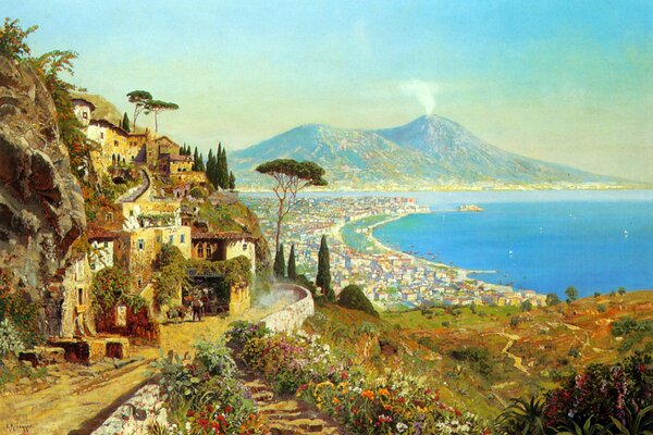 Landscape of the Bay of Naples and the volcano