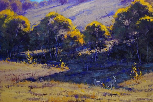 Kangaroo on the background of trees, hills, grass