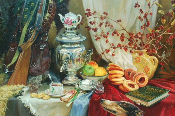 Still life with an image of a samovar and food