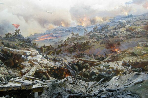 Personnes avec drapeau sur fond de ruines et d explosions