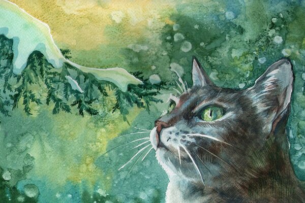 Painting a green-eyed cat in a snowy forest