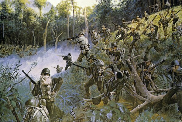 The battle of American and Japanese soldiers on the Philippine Islands