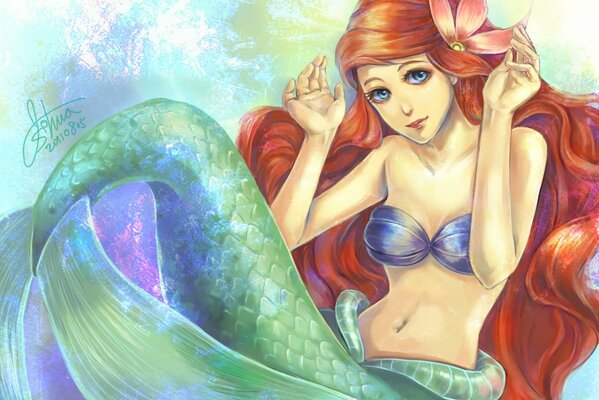 La petite sirène Ariel avec une fleur dans les cheveux