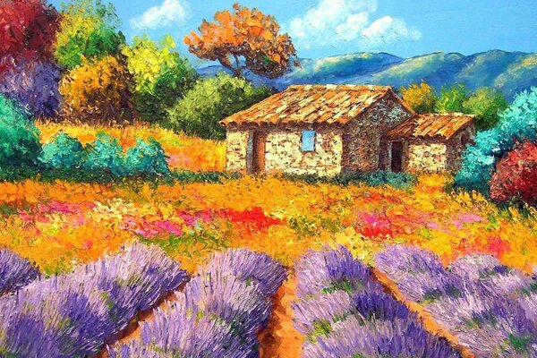 A house in the mountains, trees, a lavender field