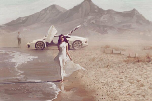 Chica en vestido blanco en la orilla del mar