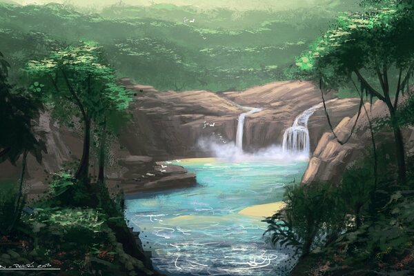 Drawing of a waterfall, river and forest