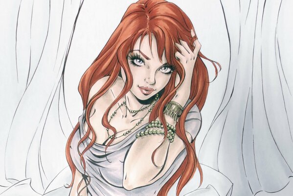 Art Di Mary Jane Watson. Redhead ragazza raddrizza i capelli con la mano in un braccialetto