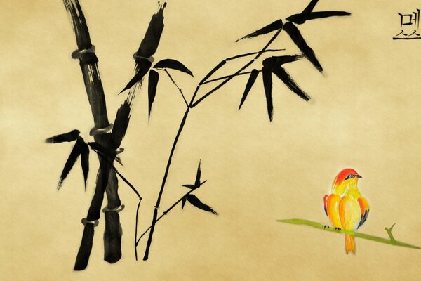 A drawing of a bright bird sitting on a branch. A few bamboo branches