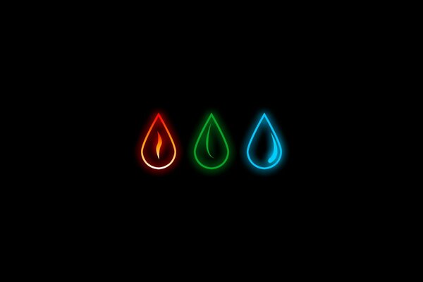 The element of fire, earth and water in the form of drops on a black background