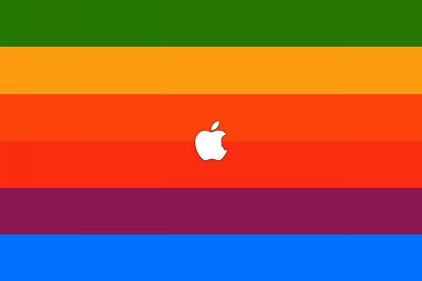 Apple logo on a background of bright stripes