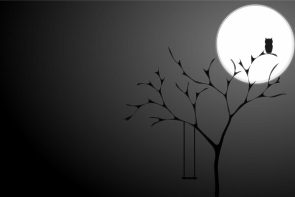 Black background at night with a tree and an owl