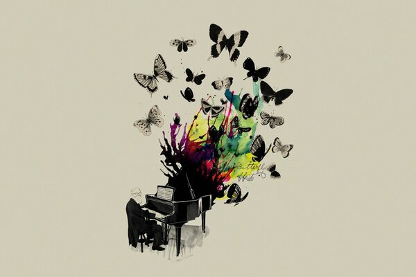 Piano lleno de música y mariposas