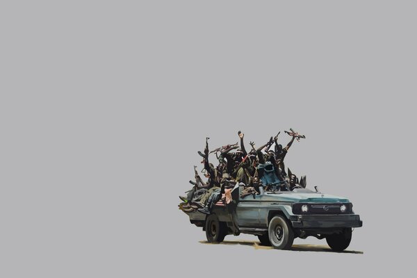 NEGROES WITH MACHINE GUNS. PICKUP TRUCK ON A GRAY BACKGROUND