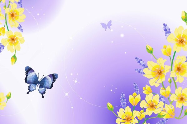 Bild von Blumen und Schmetterlingen auf lila Hintergrund