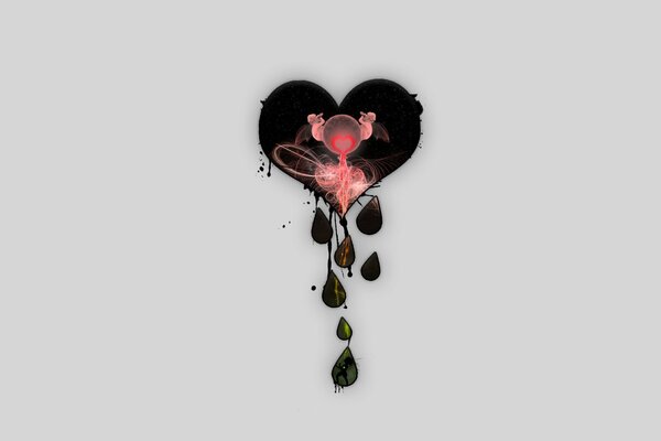 Grey background with the image of a crying heart with angels inside