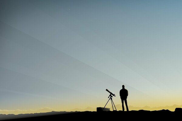 Un homme regarde de la lunette derrière les couleurs du ciel