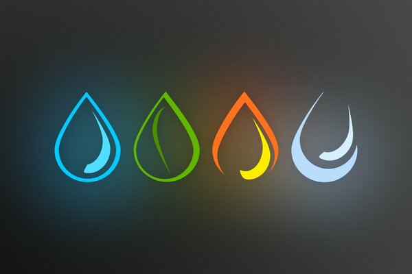 Four drops of different colors are depicted on a dark background