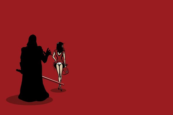 Auf rotem Grund geht ein Mädchen in Rot von der Silhouette in einem schwarzen Umhang weit weg