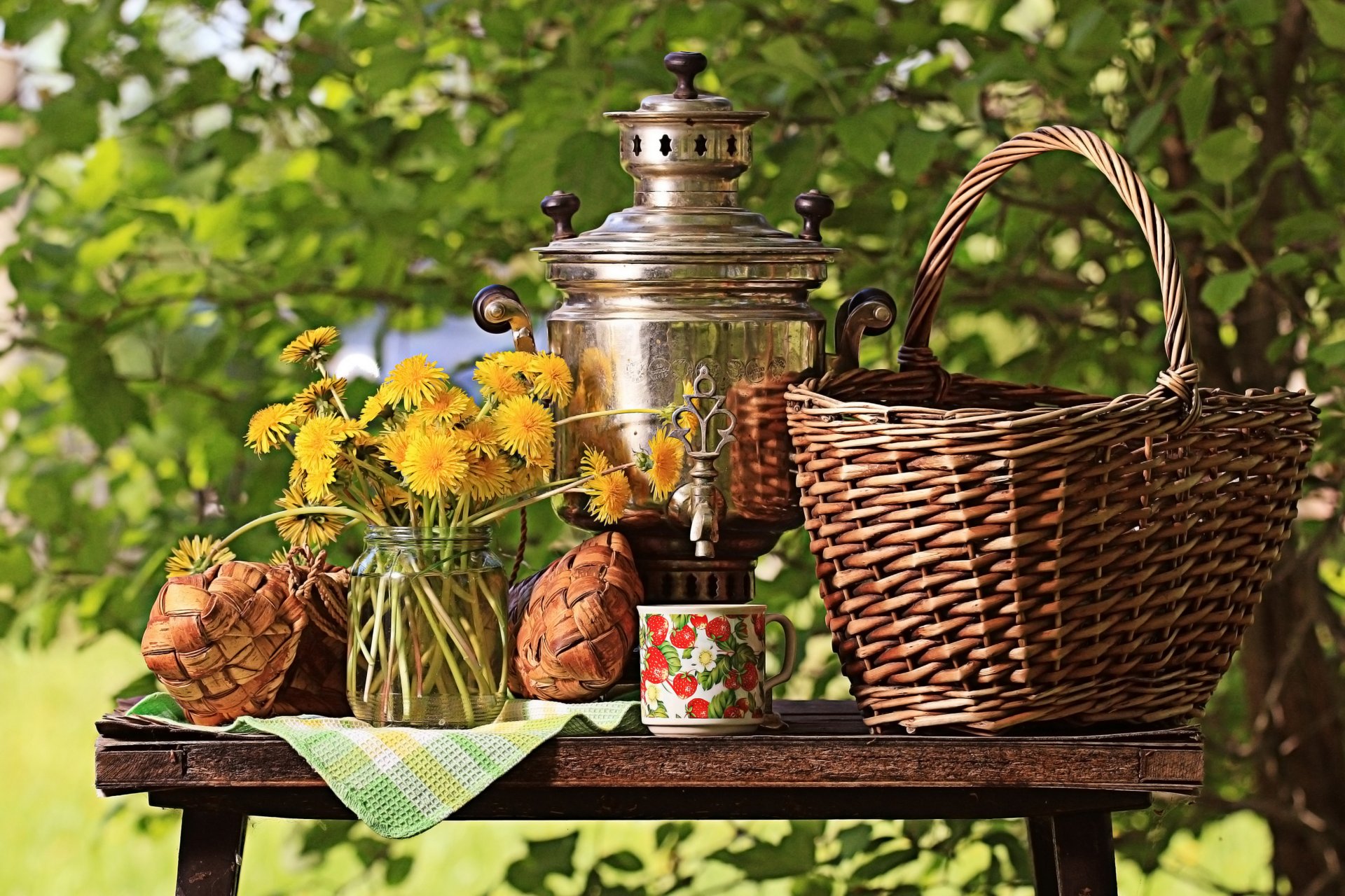 till life table shopping samovar cup tablecloth of the bank flower bouquet dandelions yellow nature green bush sun bokeh