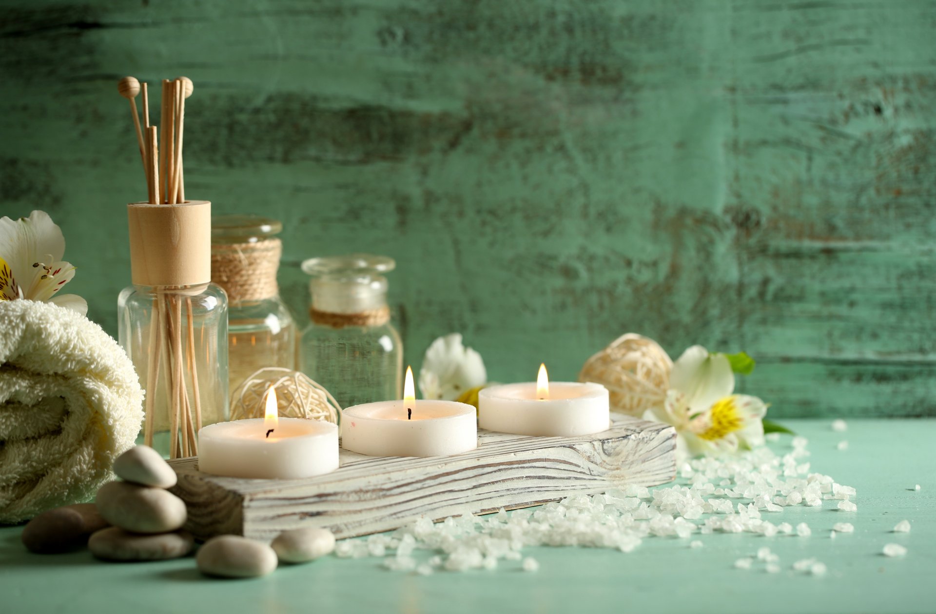 pa candles salt oil stones towel