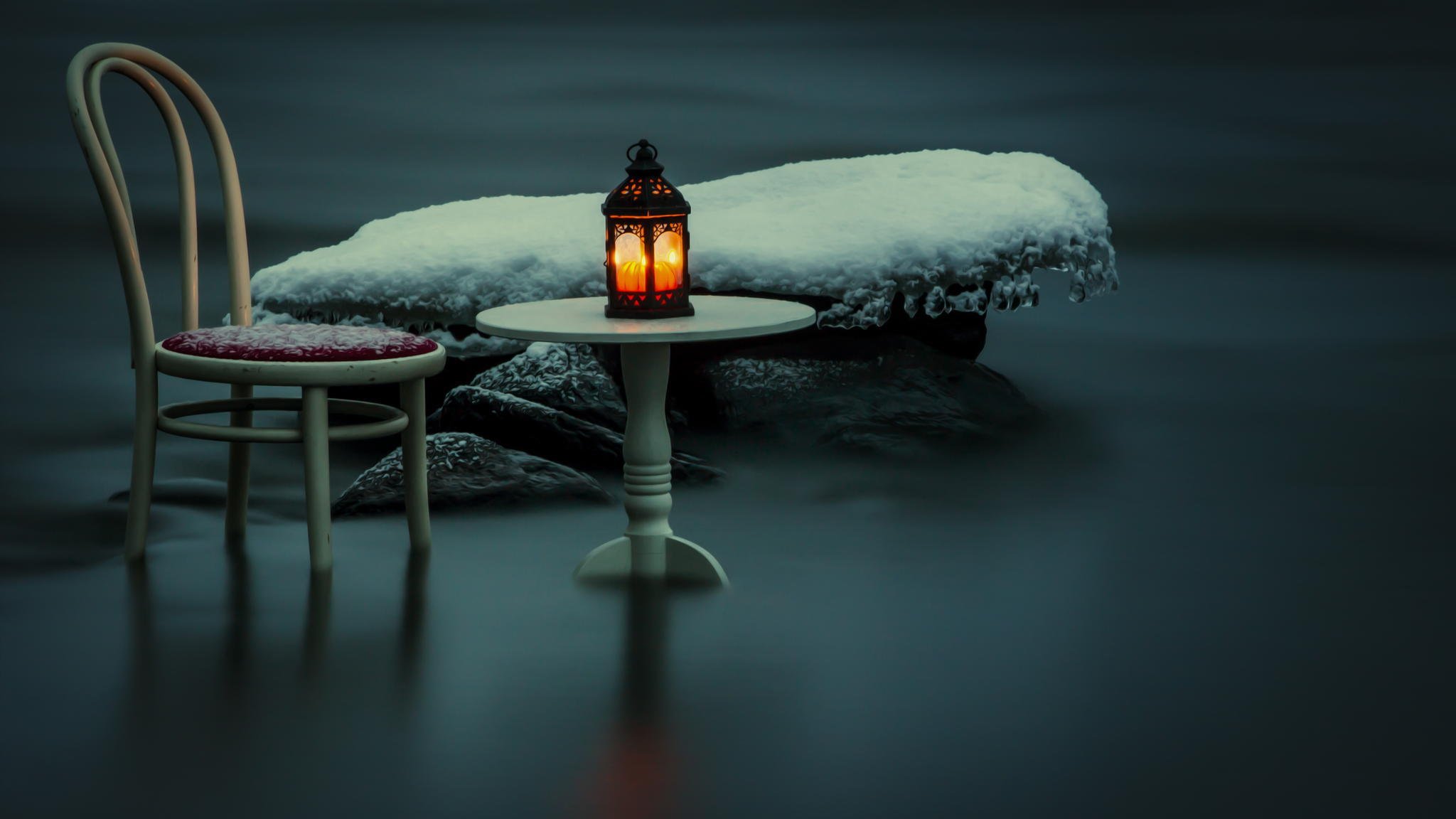 river snow night chair light