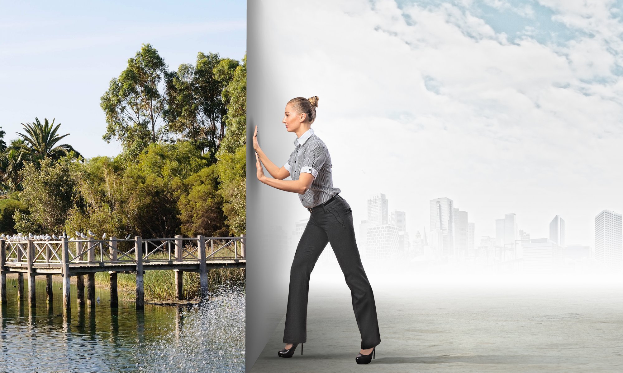 ragazza pantaloni scarpe bionda creativo scelta città natura ponte fiume verde