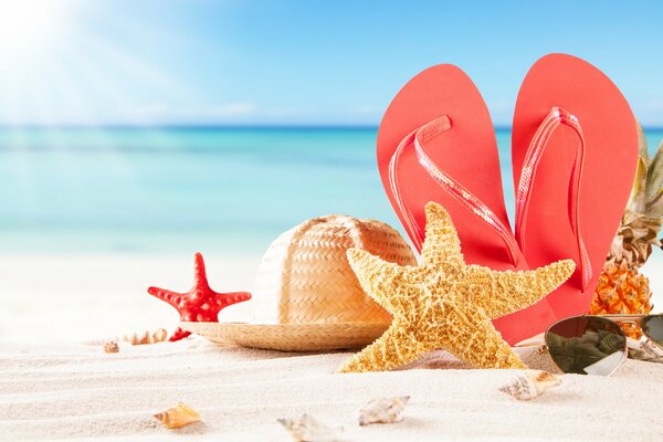 Beach slates, panama, starfish and pineapple on the background of the sea