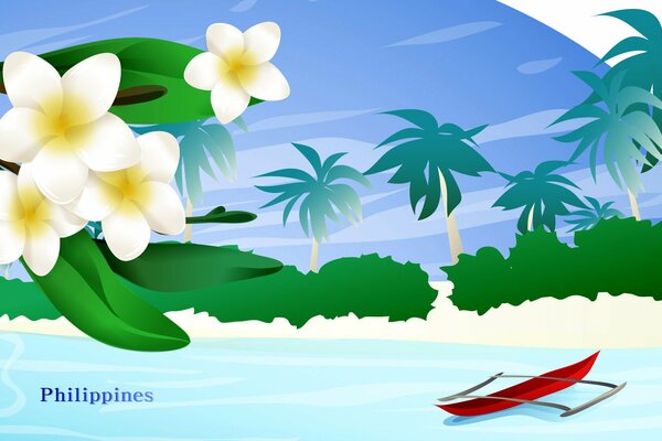 Exotic flowers on the background of the sea and palm trees in the Philippines