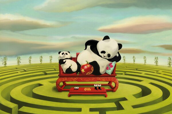 Two cartoon pandas relax on the couch