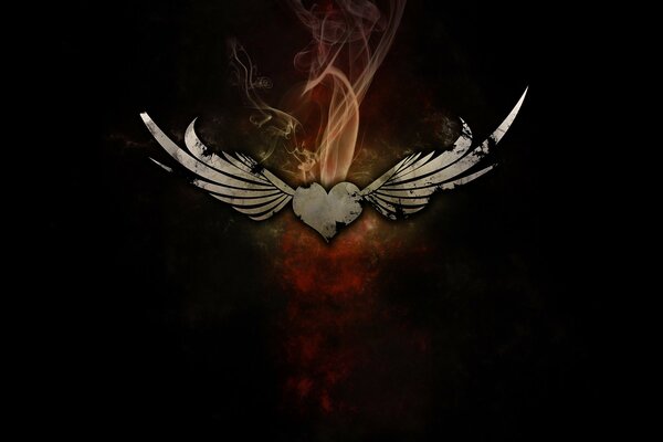 Art image of a heart with wings on a background of orange smoke