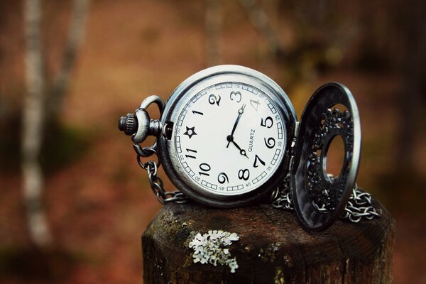 Pocket antique clock on a stone