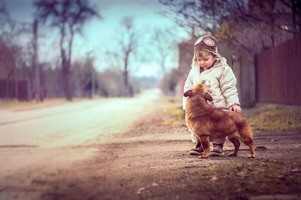 A little boy with a friendly dog