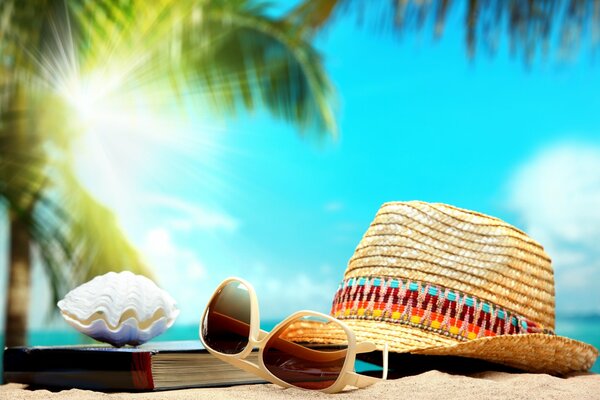 Hat , glasses and a shell on a sandy beach