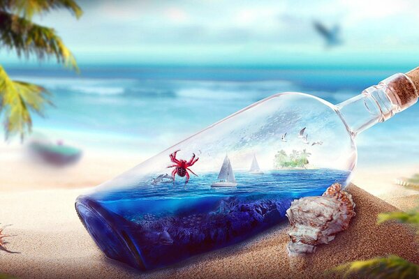 Botella con el océano dentro en la playa