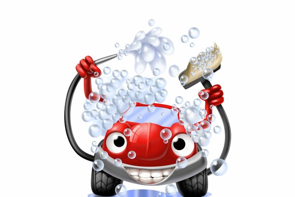 Coche rojo en el lavado de autos en burbujas de jabón