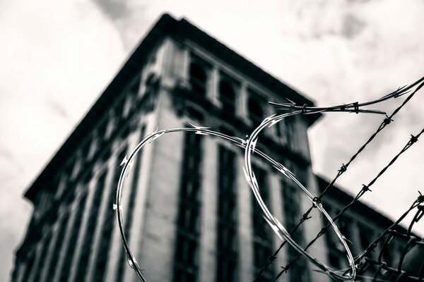 Barbed wire on the background of a building in Detroit