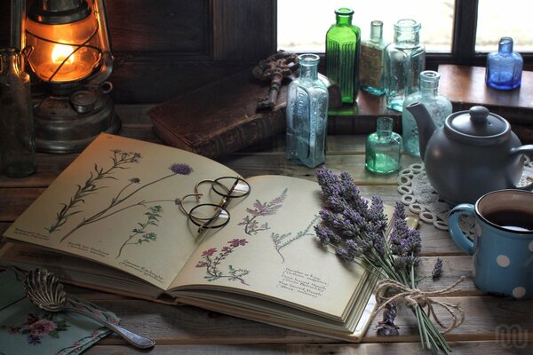 Lavender still life and vintage style books