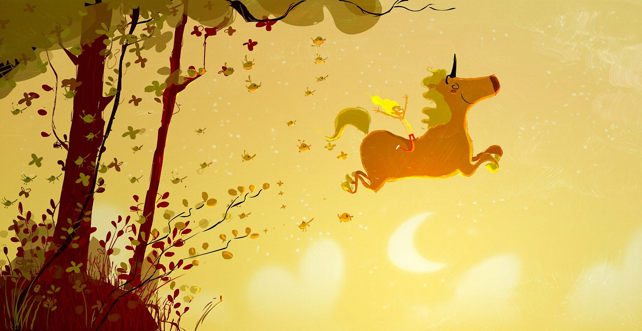fantasia unicorno ragazza gioia alberi uccelli