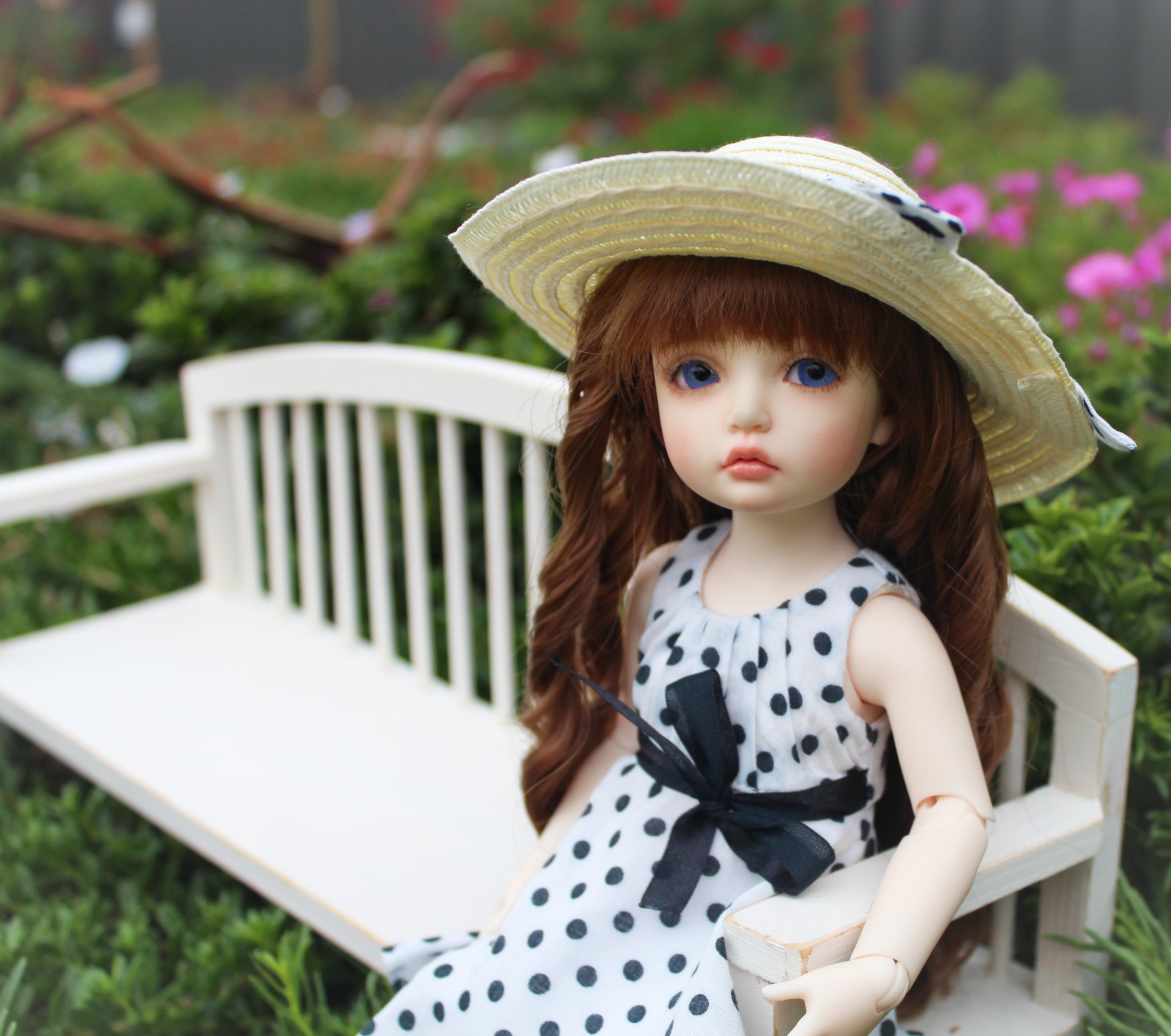 bambola bjd occhi blu cappello pois fiori negozio fiocco capelli