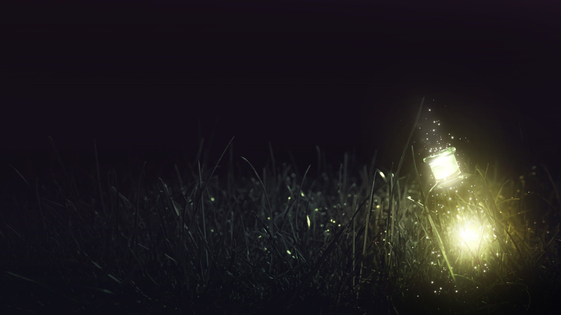 nuit herbe lumière lanternes bouteille verre
