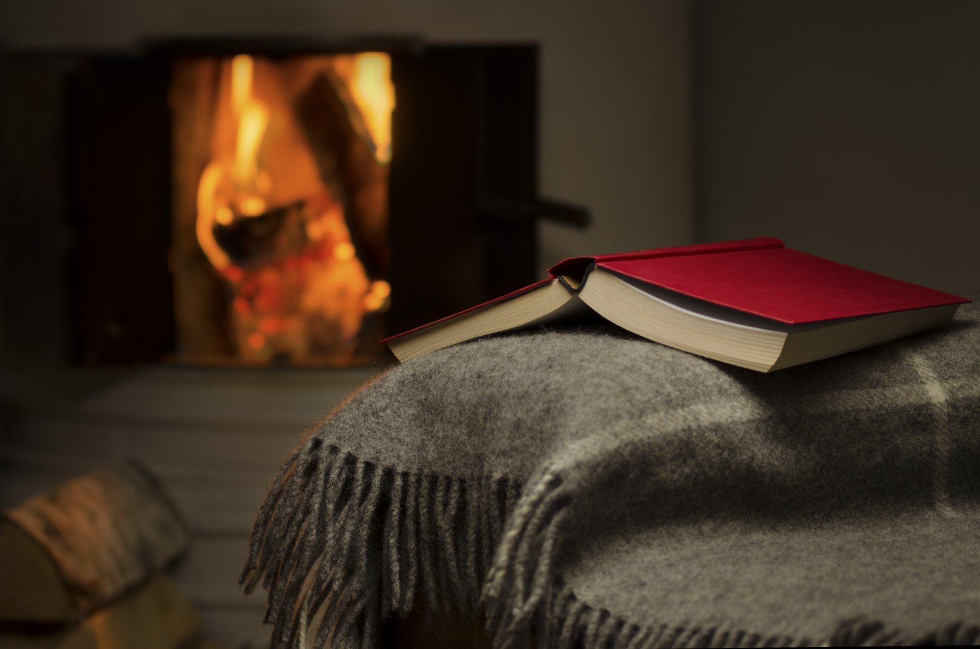kamin buch feuer plaid